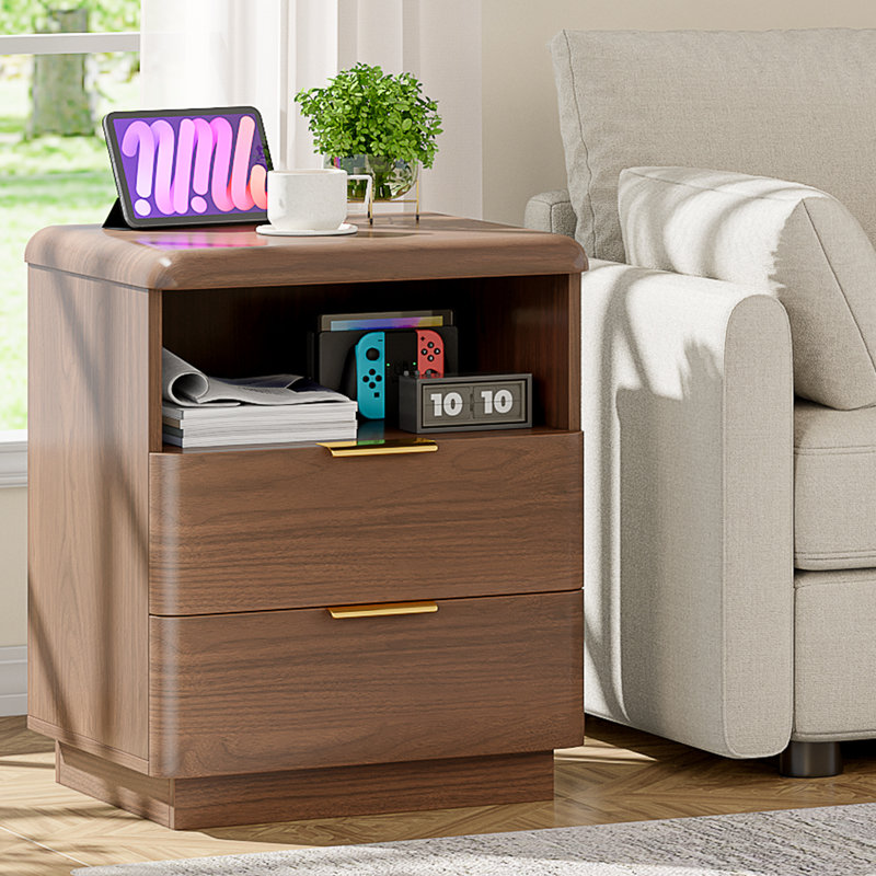 Cota 19.6" Thickened Nightstand, 2 Drawer Bedside Table, Wooden End Table W/Storage, Modern Curved Profile Design, Mid Century Night Stand For Bedroom, Living Room, Dark Walnut