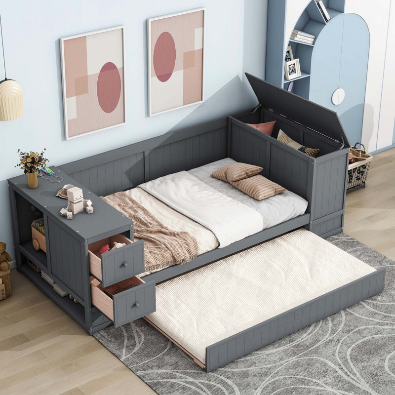 Lit de jour simple avec accoudoirs de rangement, couchette cachée et système de charge pratique, gris, Gris