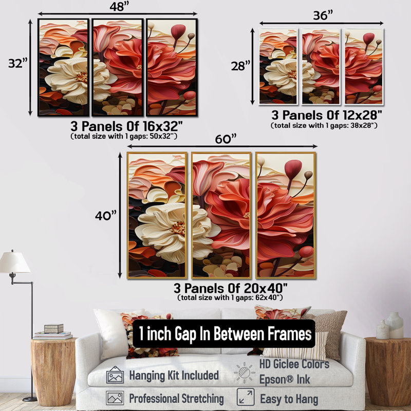 Ensemble de salon Lisette - Magnolias Wall Art, Cadre flottant brun, H 32 po x l 48 po x P 1 po