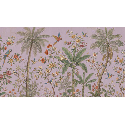 Papier peint oiseaux tropicaux sur fond mauve, décoration murale rétro tropicale