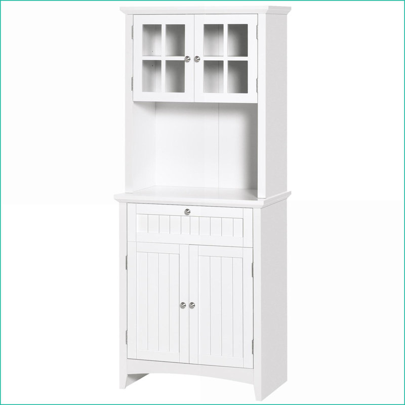 Buffet avec huche, rangement pour garde-manger de style campagne moderne avec portes en verre encadrées et amp; Espace pour micro-ondes | Panneau de fibres à densité moyenne | Tablettes réglables