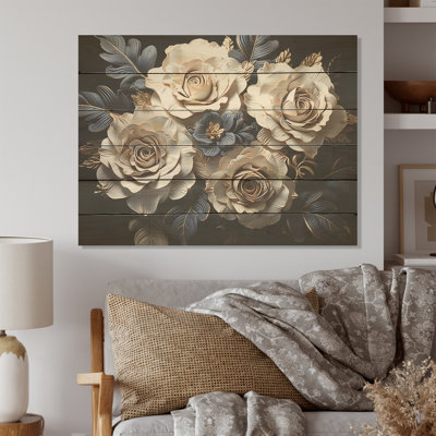 Gris et or rose passion I - Roses, art sur bois de pin naturel