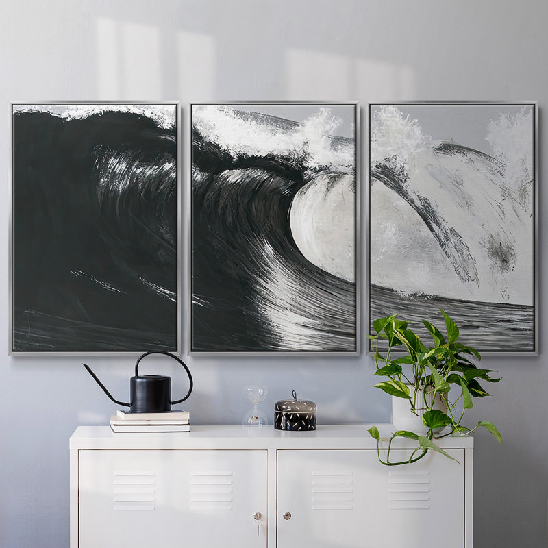 «Black and White Waves III», reproduction sur toile 3 pièces, H 36 po x l 75 po x P 2 po, Argent