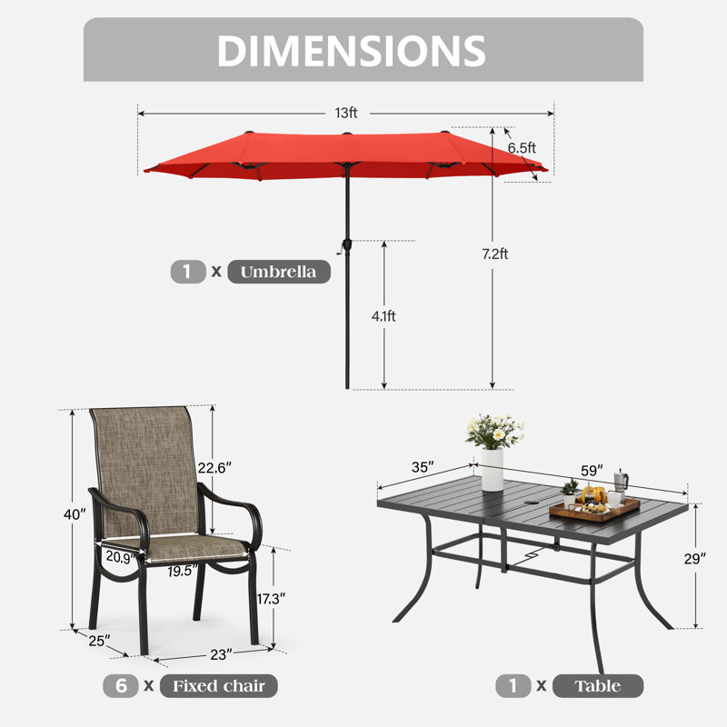 6-person Patio Dining Outdoor Table Set With Umbrella, Red