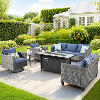 Harbin Wicker Rattan 7 - Person Outdoor Seating Group with Cushions with Fire Pit Table with Swivel Rocking Chairs