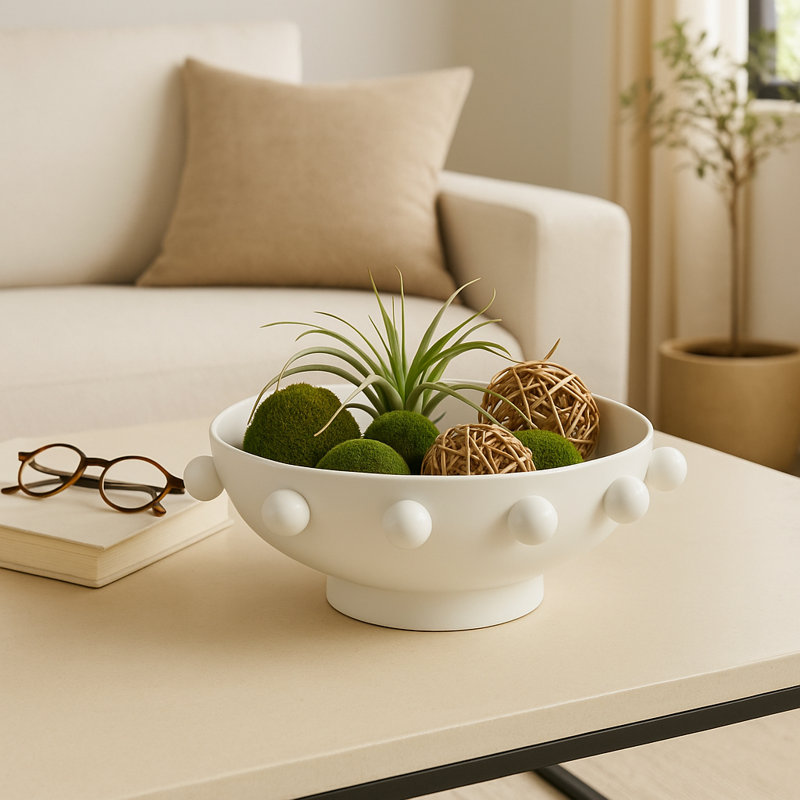 Decorative Round Metal Bowl with Beaded Rim for Home Decor - Modern Accent Bowl for Table Centerpiece, Shelf Styling, or Living Room - 11", White