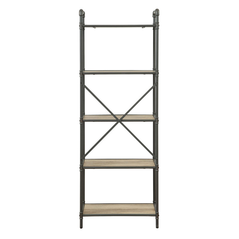 Antique Oak And Sandy Grey 5-Tier Bookcase, Natural/Gray, (5 Shelves) 63.5"H x 26.5"W x 14.5"D