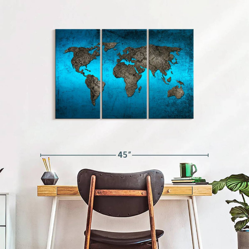 Carte du monde océanique sur toile, ensemble de 3 pièces, H 38 po x l 24 po x P 1,25 po