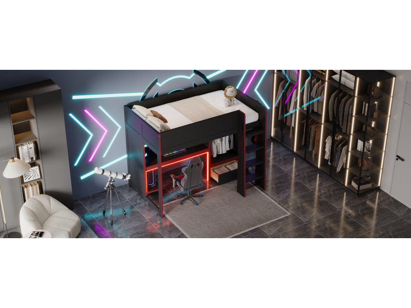 Lit mezzanine simple en bois avec bureau intégré, garde-robe, DEL et tiroir, noir