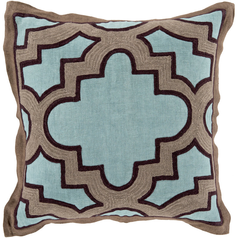 Coussin en coton Alsip, H 18 po x l 18" x P 4 po, Bleu sarcelle / Taupe, Polyester
