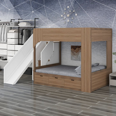 Lit superposé avec glissade et escalier de rangement intégré, tablettes et tiroirs pour les chambres d'enfants ludiques