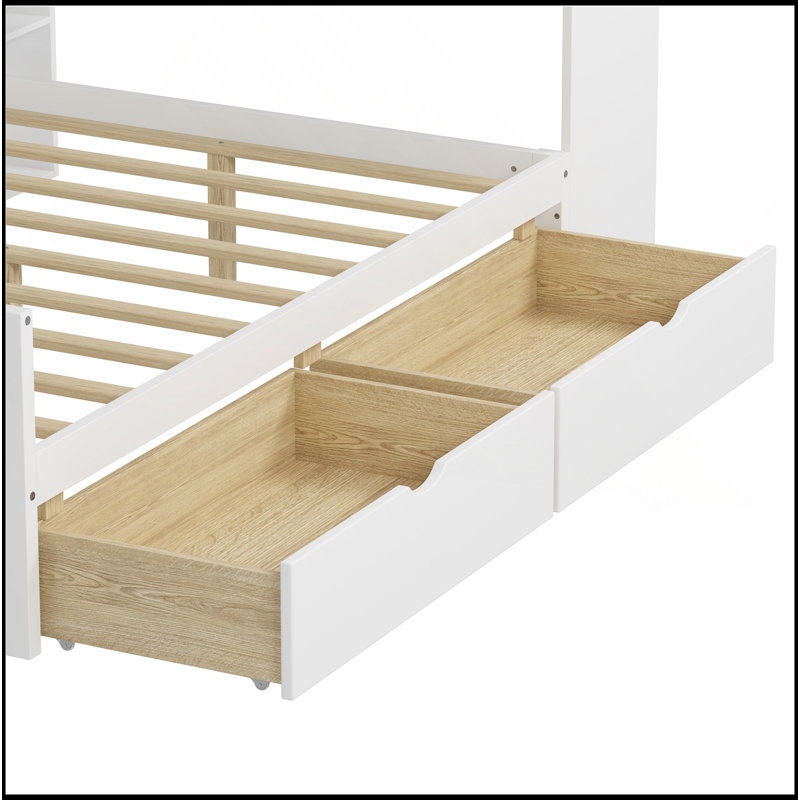 Wooden L-Shape Daybed With Seven Storage Cabinets And Two Storage Drawers, Multi-Functional Bed With Study Desk And Built-In Bookshelf