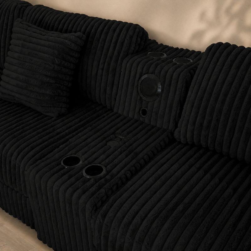 Canapé modulaire réversible en fausse fourrure Vega avec console média, Similifourrure noire