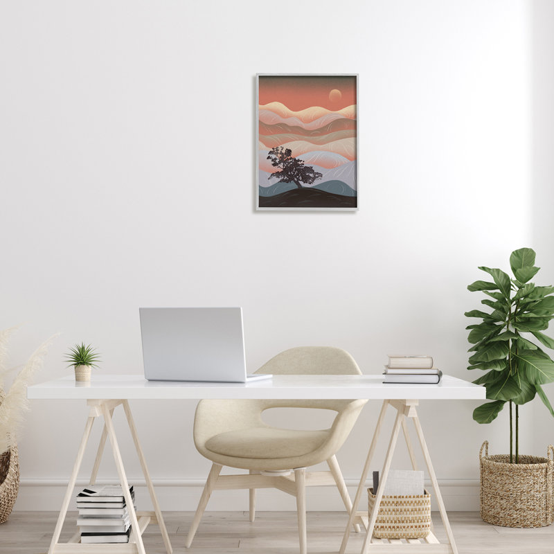 «Savanna Tree Sprout Breezy Desert Dunes At Dawn», ferme surdimensionnée rustique encadrée, estampe numérique par Ziwei Li
