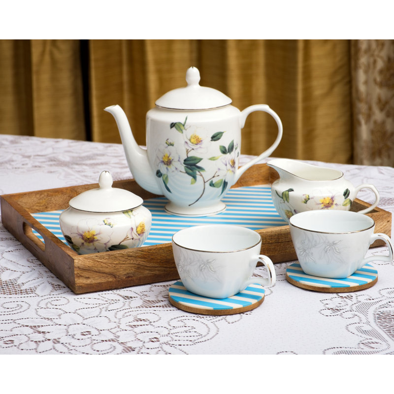 Affan Solid Wood Tray, White/Aqua