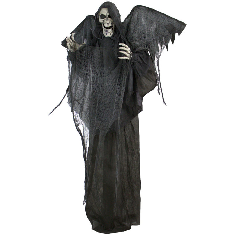 Haunted Hill Farm 63 In. Life-Size Skeleton Reaper with Wings, Poseable Halloween Animatronic with Touch Activated Lights and Sound