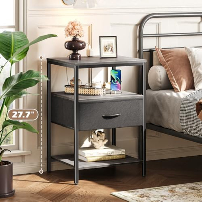 Table de chevet avec station de chargement, table de chevet haute de 27,7 pouces avec tiroir en tissu réglable, table de chevet, commode à tiroirs en tissu pour chambre à coucher, salon, gris anthracite et noir