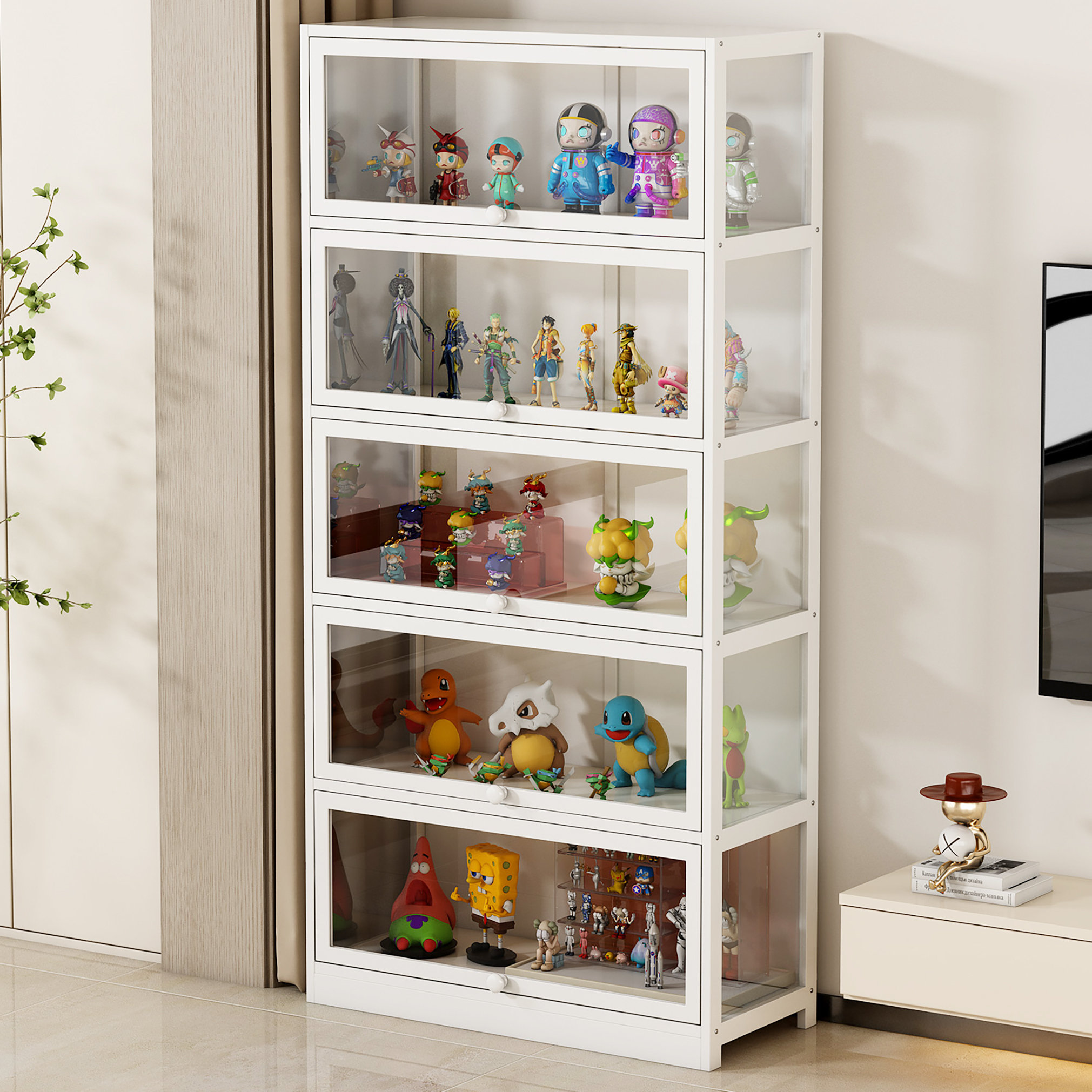 Armoire Haute de Rangement Blanche avec Tiroirs, Étagères Réglables et Tablette Coulissante pour Cuisine Salon - Maison