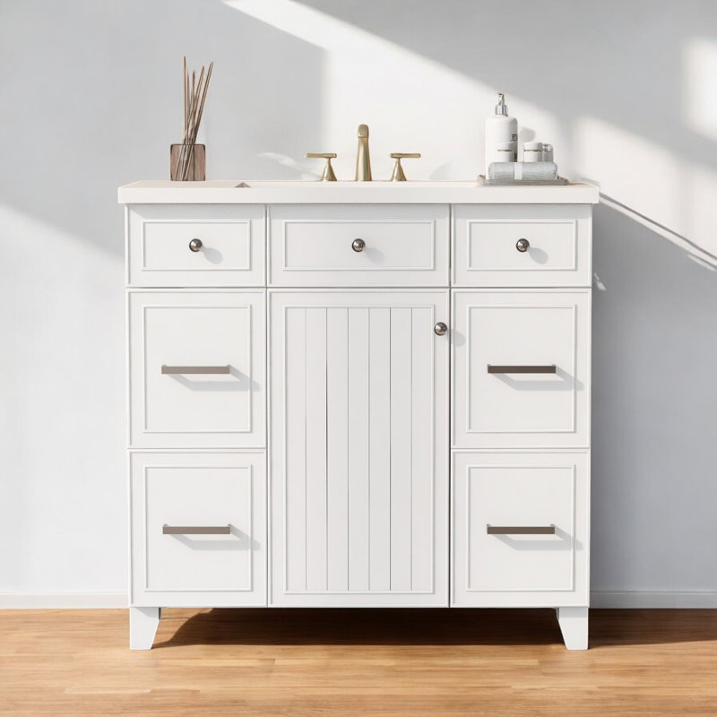 Meuble-lavabo simple 36 po avec comptoir en céramique, assemblage requis, Blanc