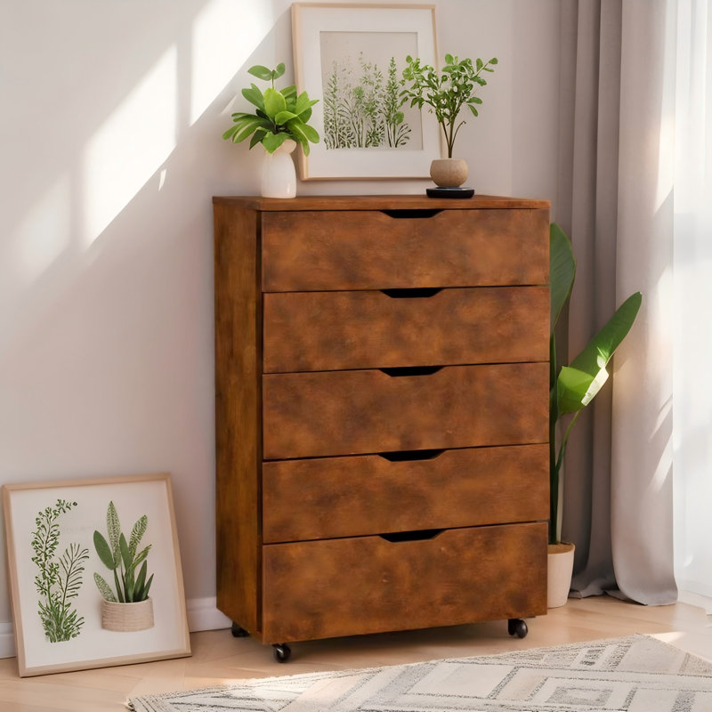 Dark Brown 5-Drawer Dresser On Wheels, Brun rustique