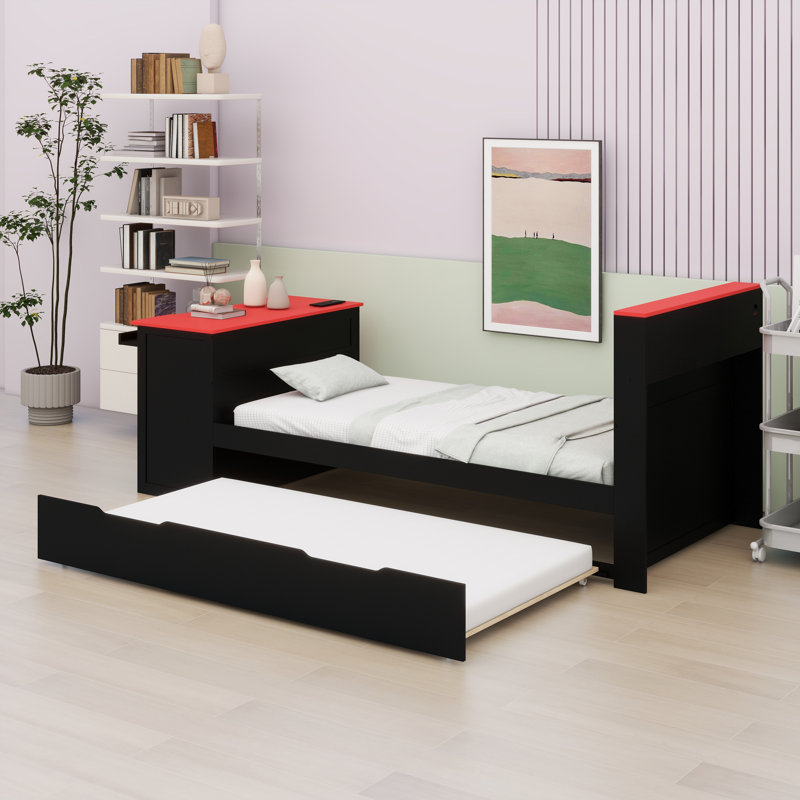 Lit convertible moderne avec lit gigogne auxiliaire, bureau ergonomique, lumière décorative à DEL et Interfaces USB intégrées