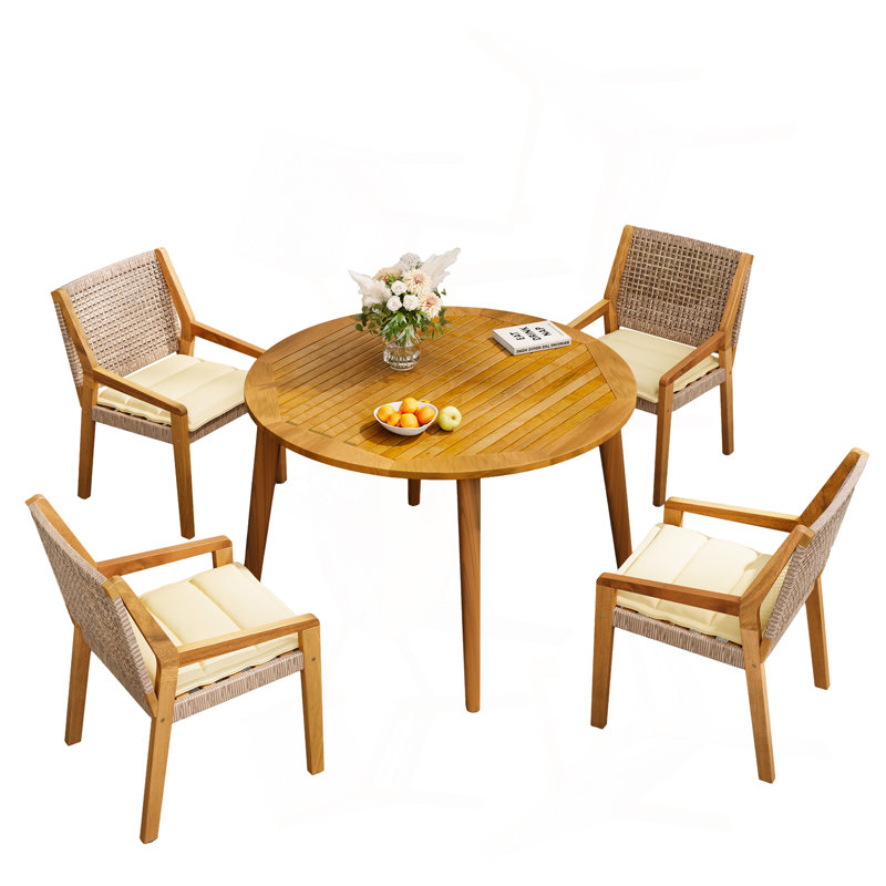 Ensemble repas d'extérieur - Table Stamford en bois d'acacia de qualité supérieure et chaises en osier avec coussin crème pour une expérience culinaire confortable, convient aux grands rassemblements (1 table + 4 chaises)