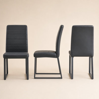 Chaises de salle à manger modernes en similicuir, chaises de cuisine à dossier haut capitonné avec pattes traîneaux en métal noir