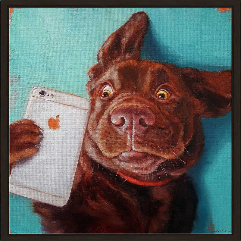 «Dog Selfie» par Lucia Heffernan - Peinture, Cadre flottant espresso, H 39,5 po x l 39,5 po x P 2 po