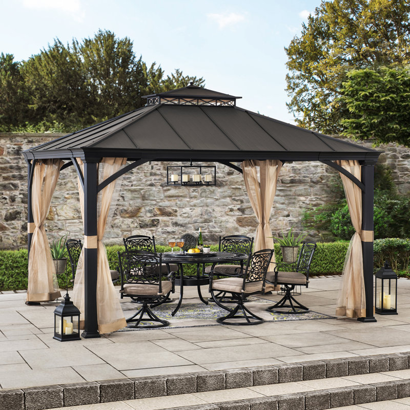 Sunjoy Hardtop Gazebo 11 x 13 ft. Outdoor Patio Black Anti-Rust Aluminum Frame Gazebo, Double Tiered Gazebo with Ceiling Hook and Mesh Netting