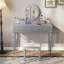 Bureau de coiffeuse de luxe avec miroir rond, hauteur réglable, coiffeuse, tabouret 4 tiroirs, argent