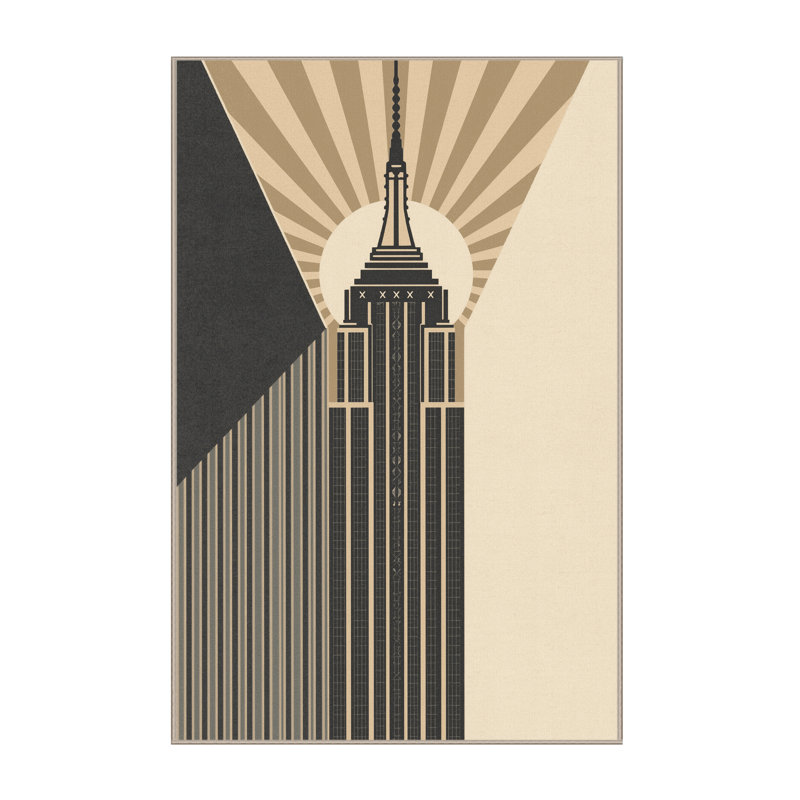 Tapis beige lavable à la machine à motif géométrique Art Deco Paizlei Empire State Building, 7 x 10