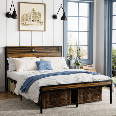 Bed Frame, Storage Headboard With LED Light, Charging Station, Solid And Stable, Noise Free, No Box Spring Needed, Easy Assembly, Vintage Brown