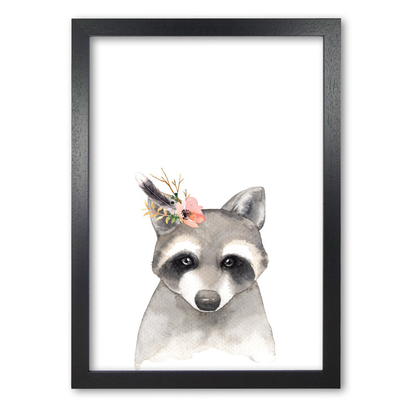 Forest Friends, Floral Cute Raccoon - Painting, Black Grain Frame, 30 cm H x 21 cm W x 5 cm D