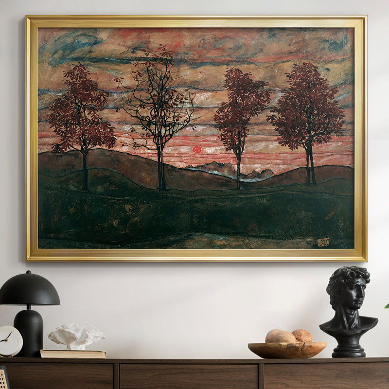 Quatre arbres (Vier Bäume) - Egon Schiele - Toile tendue avec châssis, 1917, 26.5x36.5, Framed Canvas, Doré