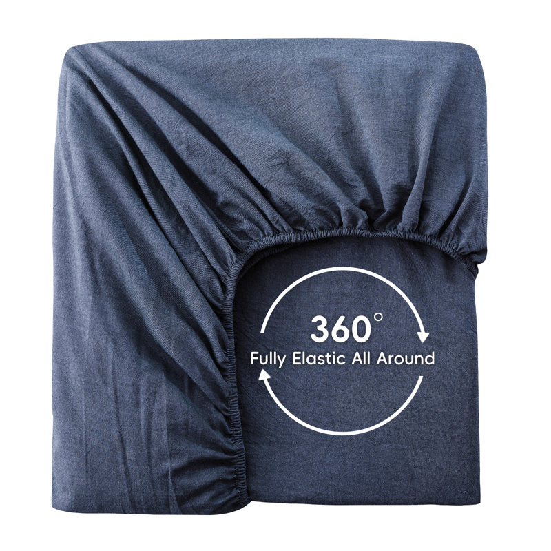 MooMee Fitted Sheet Only Extra Deep Pocket 100% Washed Cotton Linen Like Textured Lightweight Breathable, Queen , Denim Blue