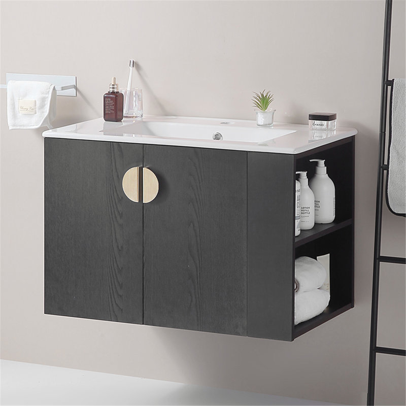 Ensemble de meuble-lavabo mural simple 29,9 po avec plateau en céramique et tablette de rangement ouverte à droite, Noir