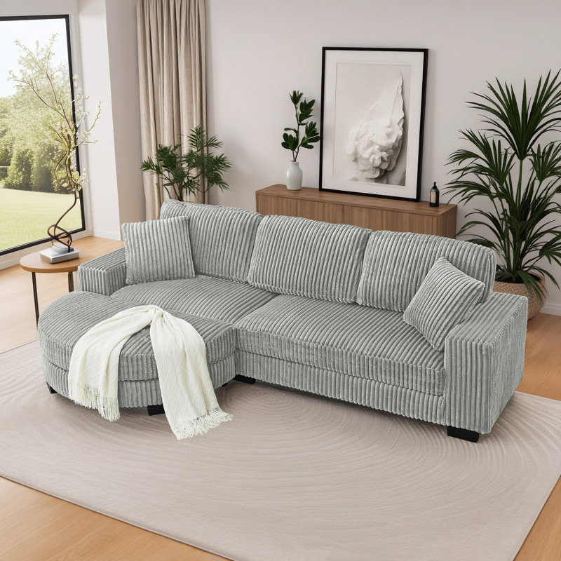 Corduroy Upholstered Sofa with Removable Curved Ottoman, Gray