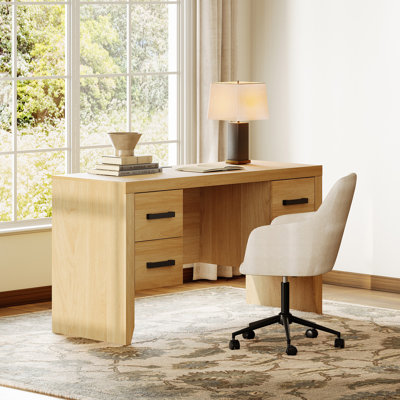 2 Piece Farmhouse Office Set With 54" Executive Desk & Glass Door Bookcases, Home Office Furniture Set With Power Outlet And Adjustable Shelves For Study Room
