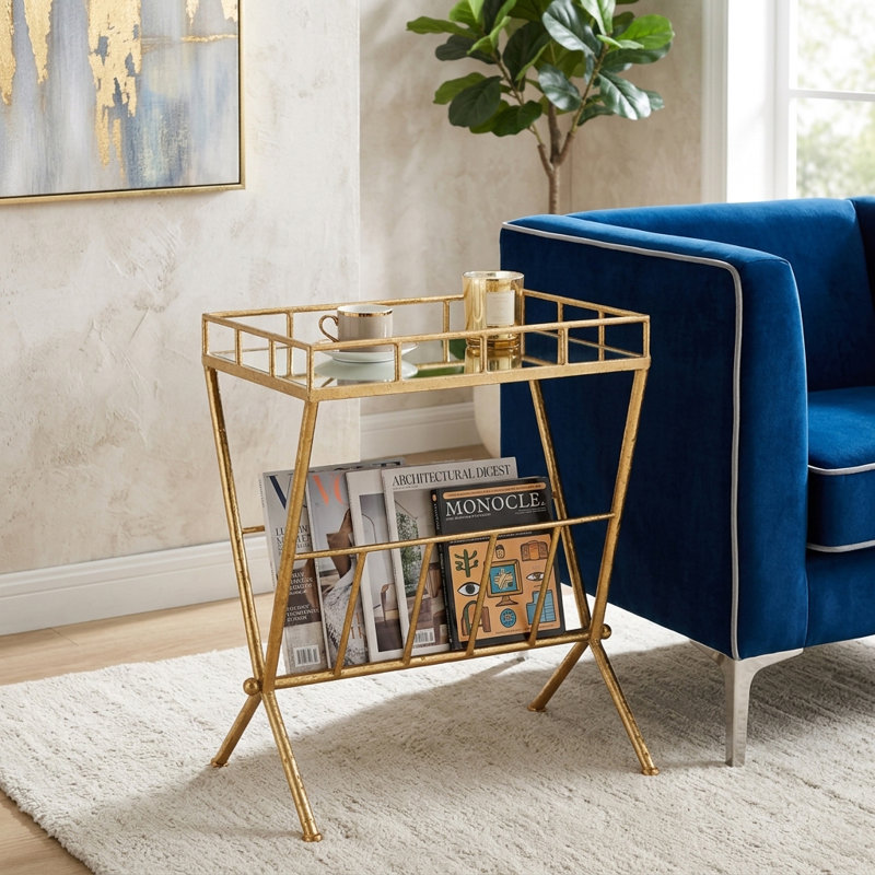 Quinlynn Metal and Glass Two-Tier Bar Cart with Decorative Frame for Stylish Serving and Storage
