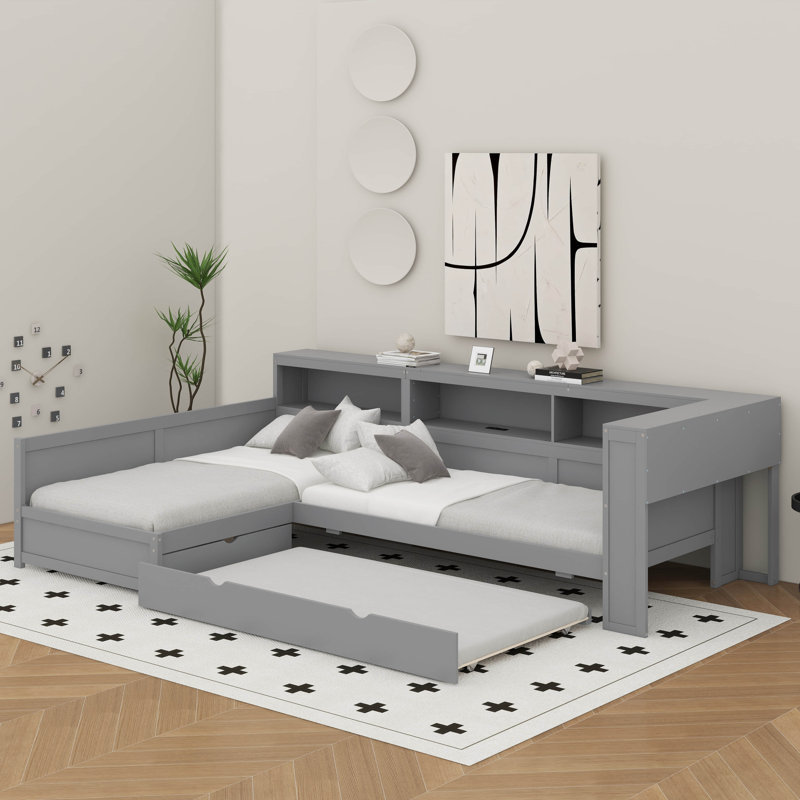 Lit plateforme simple en L en bois avec lit gigogne et tiroir, Gris