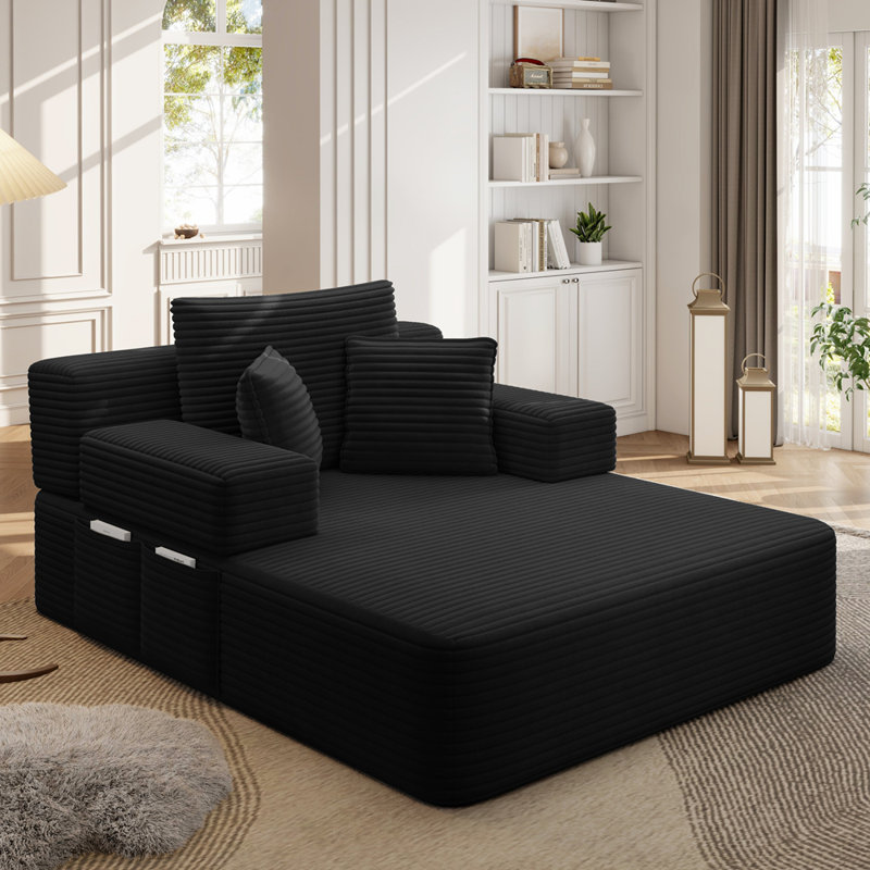 Luxueuse chaise longue en velours côtelé moelleux avec 3 coussins, canapé-lit convertible avec poche de rangement, conception sans cadre et mousse de compression pour les petits espaces, salon, appartement