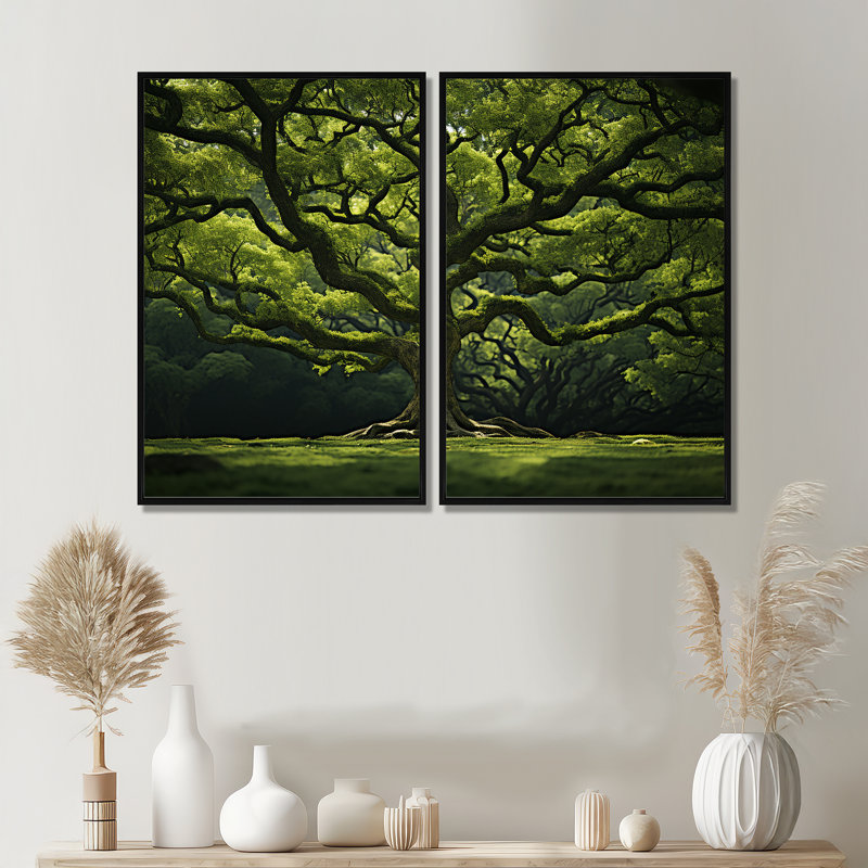 Chêne vert, puissance de la forêt - art mural vert, Noir, H 36 po x l 48 po, Impression encadrée flottante