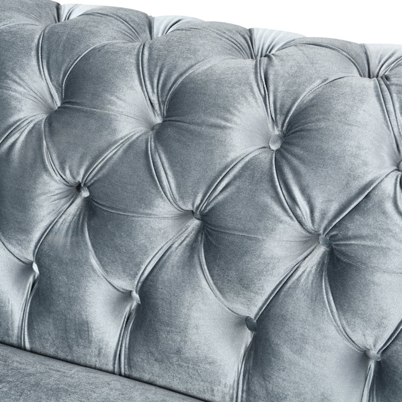 89" Luxury Velvet Sofa Chesterfield Button Tufted Couch With 2 Pillows & Metal Legs, Grey
