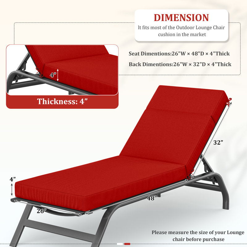Coussin de chaise longue d'extérieur - Résistant aux intempéries, réversible, confort moelleux, L 26 po x P 80 po