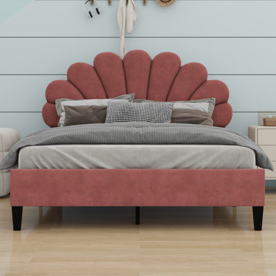 Upholstered Platform Bed With Flower Pattern Headboard