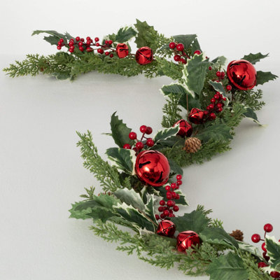 72" Artificial Jingle Bell Holly Pine Christmas Garland, Green-Red