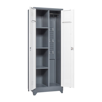 Broom Storage Cabinet with Locking Doors and Shelves, 65" H Metal Storage Cabinet with Hanging Rod and S-Hooks, Cleaning Tool Storage Cabinet