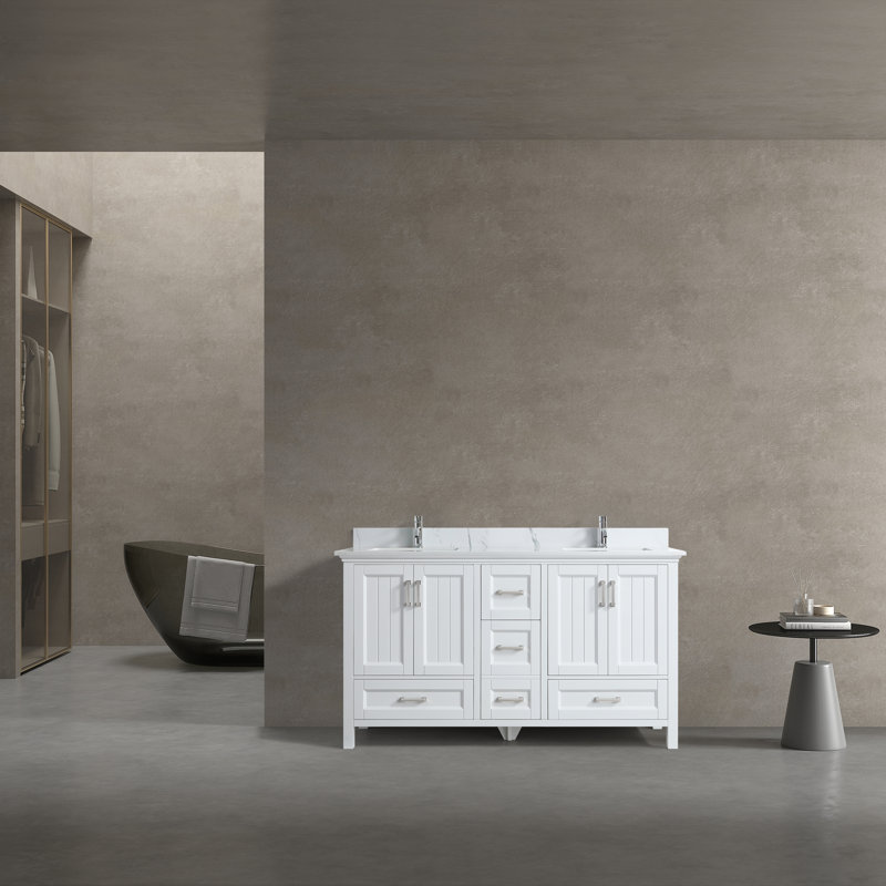 Powell 60 po L x 22 po P 4 portes et 4 tiroirs Meuble-lavabo autoportant avec évier double et Comptoir en Marbre de Calcutta d'ingénierie