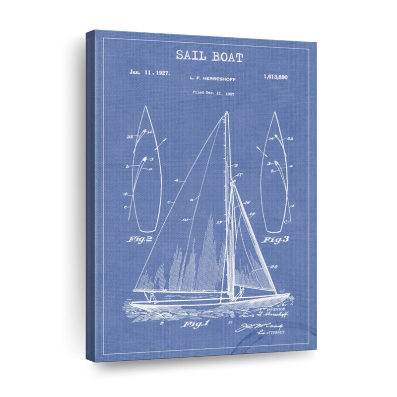 Voile de bateau bleu verni - reproduction sur toile tendue, H 24 po x l 16 po x P 1,25 po