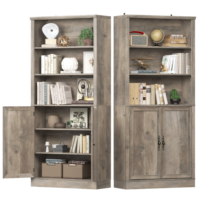 71.4" Tall Modern Bookcase with Doors, 6 Tier Floor Standing Bookshelf with Vintage Handles for Home Office, Living Room 